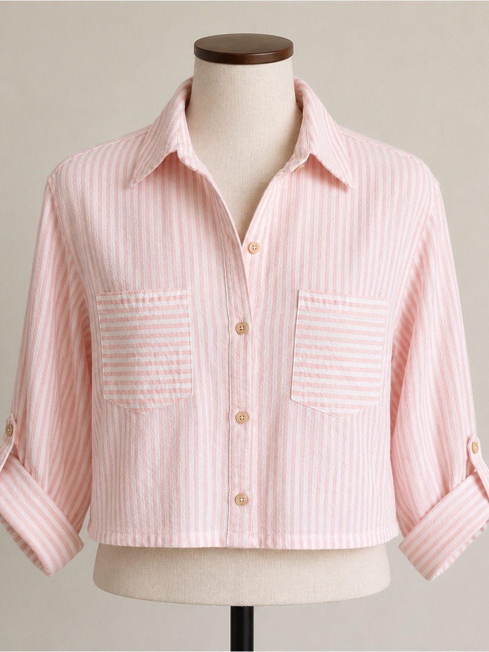 Allie Rose Pink White Striped Cotton Linen Cropped Button Down Shirt Roll Tab